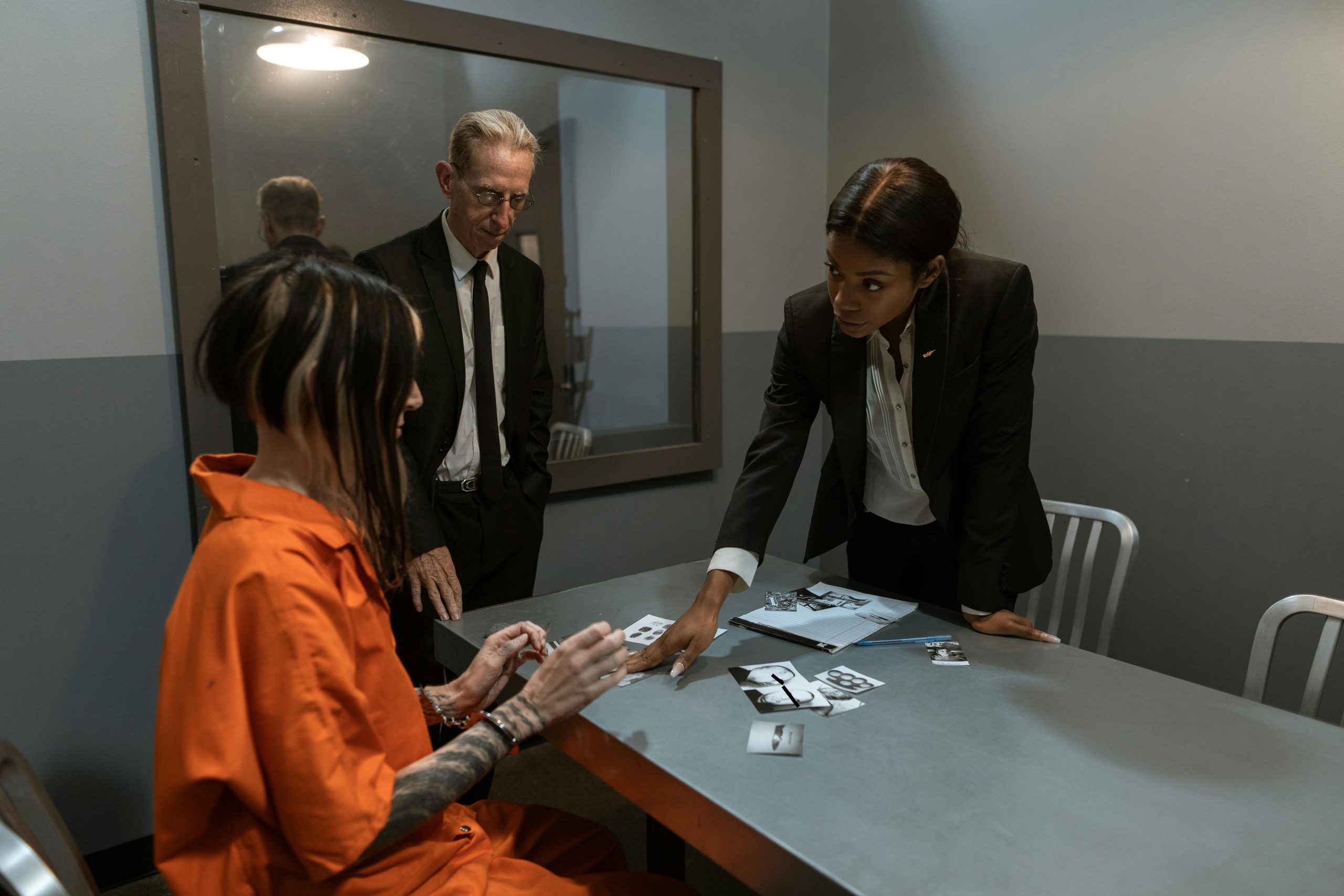 A scene showing a prison interrogation with a detective and inmate at a table.